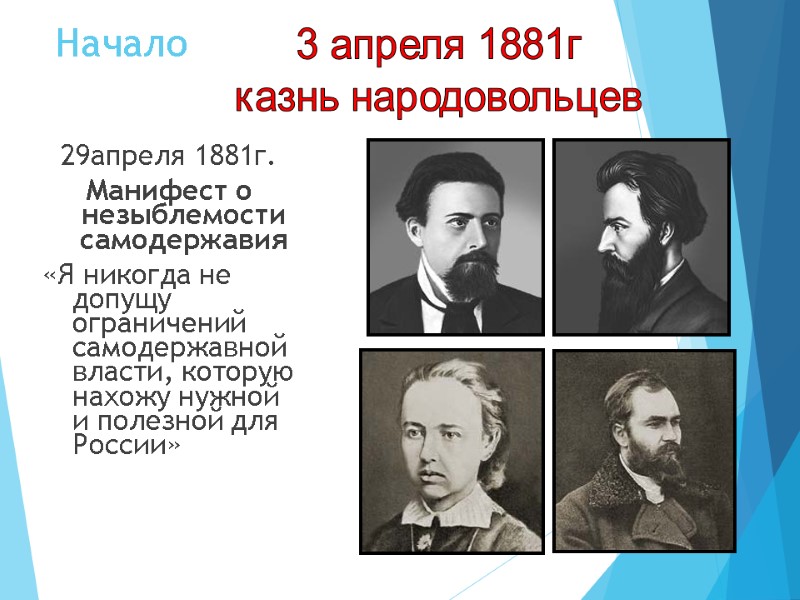 Начало  29апреля 1881г. Манифест о незыблемости самодержавия «Я никогда не допущу ограничений самодержавной